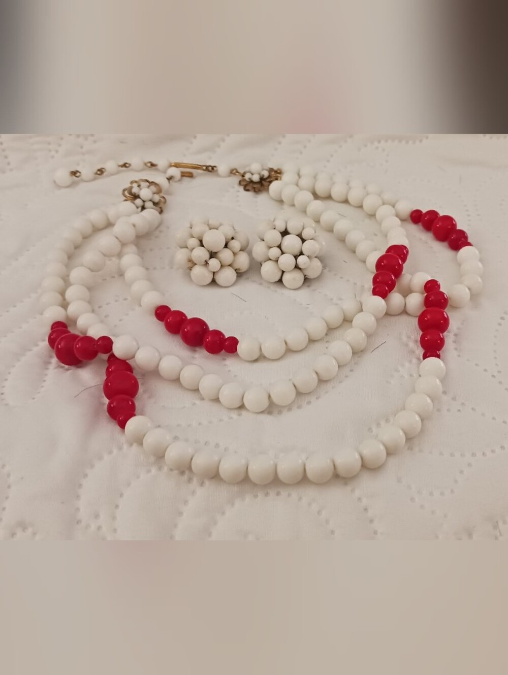 Hong Kong White and Red Beaded Necklace and Earring Set Plastic